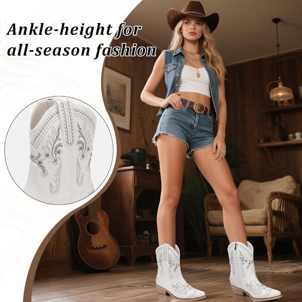 Women's White Embroidered Side Zipper Comfortable Chunky Heel Western Boot - Picture 6 of 6